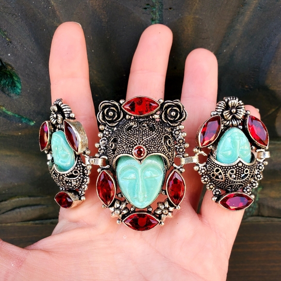 New Carved 3 Blue Goddess Face Garnet 925 Silver Bracelet. - Picture 4 of 15